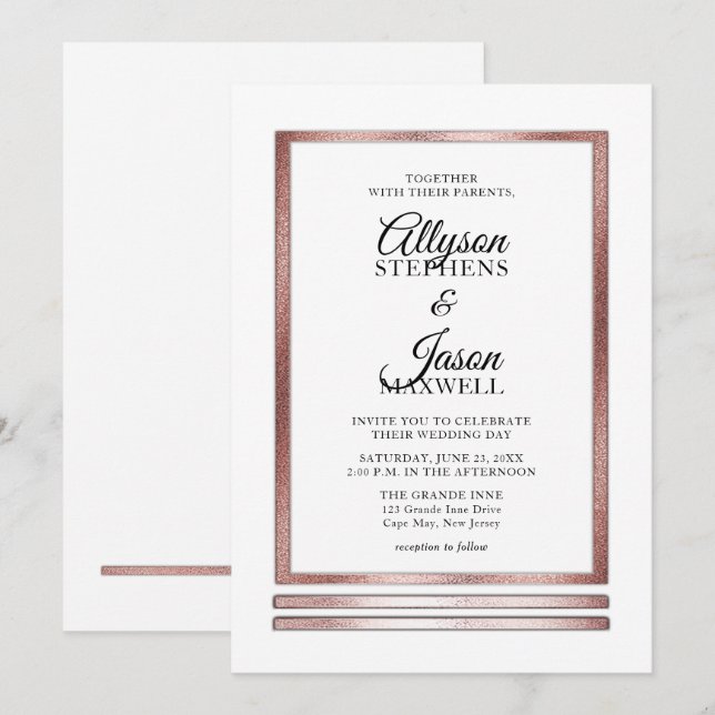 Invitation Or Rose | Blanc Moderne Simple Mariage élégant (Devant / Derrière)