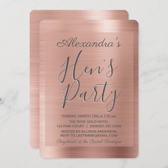 Invitation Or Rose | Blush Pink Girly Hen's Party (Devant / Derrière)