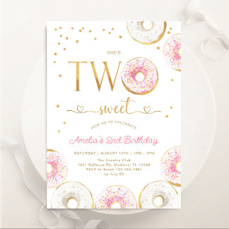 Invitation Or rose Deux Donuts doux 2e anniversaire