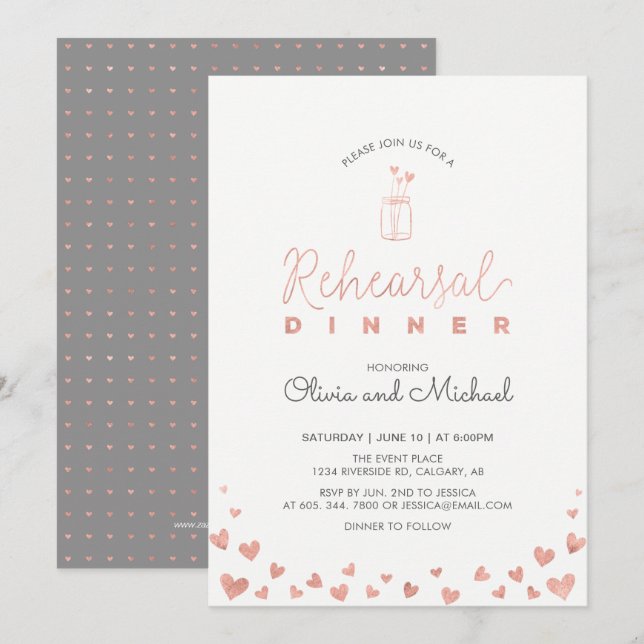 Invitation Or Rose | Dîner de répétition des coeurs Invitatio (Devant / Derrière)