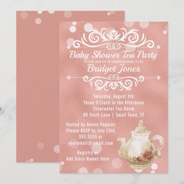 Invitation Or rose d'invitation de baby shower de thé (Devant / Derrière)
