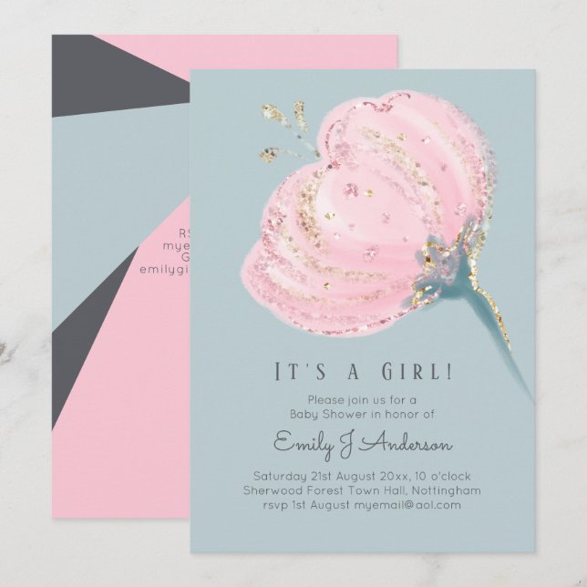 Invitation Or rose moderne C'est un Baby shower fille (Devant / Derrière)