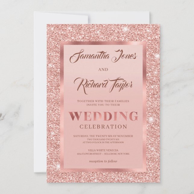 Invitation Or Rose moderne Étincelle feuille parties scintill (Devant)