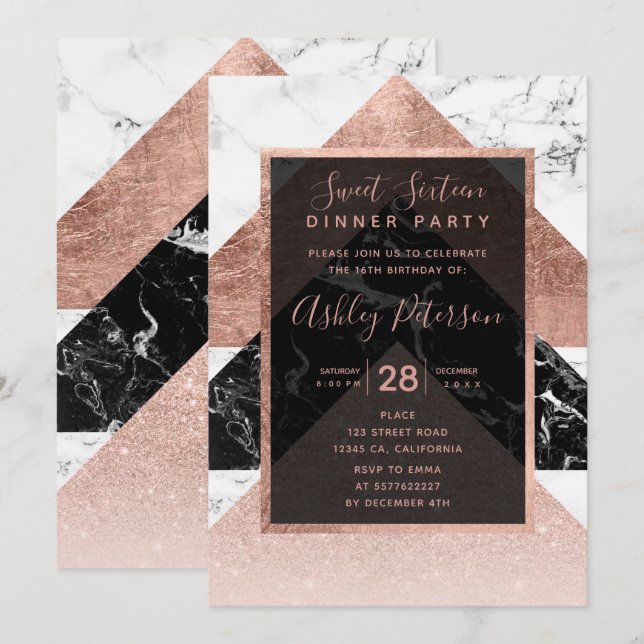 Invitation Or rose moderne noir marbre blanc Sweet 16 (Devant / Derrière)