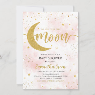 Invitation Or rose Nous sommes sur le Baby shower de la Lune