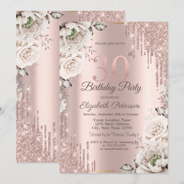 Invitation Or rose, Parties scintillant, Fleurs blanches 30e (Devant / Derrière)