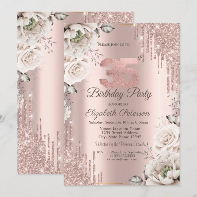 Invitation Or rose, Parties scintillant, Fleurs blanches 35e (Devant / Derrière)