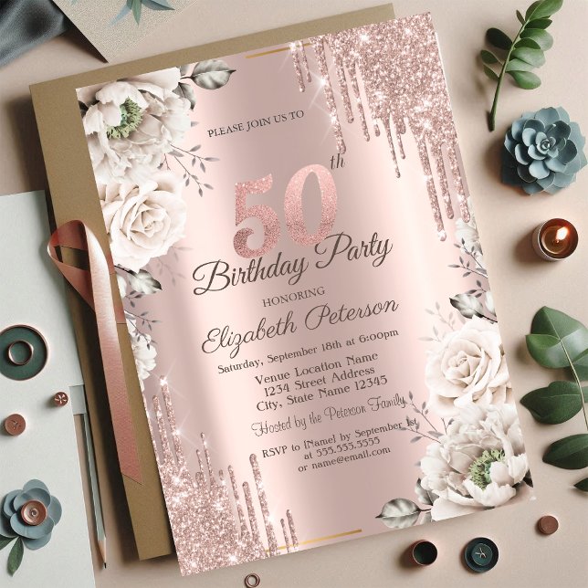 Invitation Or rose, Parties scintillant, Fleurs blanches 50e (Créateur téléchargé)