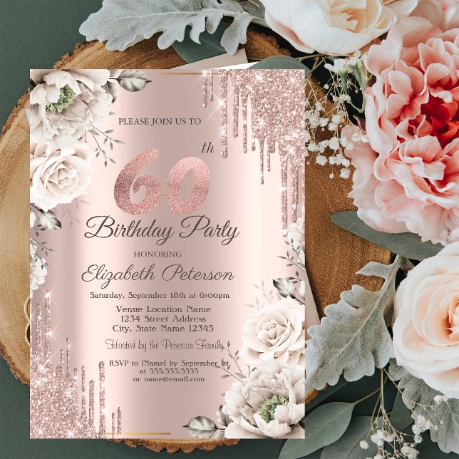 Invitation Or rose, Parties scintillant, Fleurs blanches 60e (Créateur téléchargé)