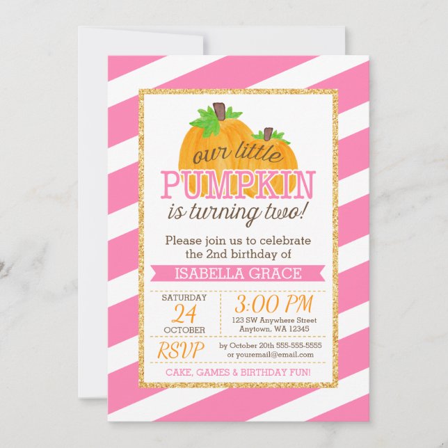 Invitation Or rose peu d'anniversaire de fille de citrouille (Devant)