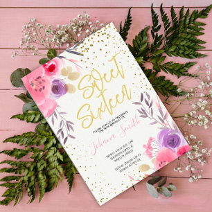 Invitation Or rose violet Sweet sixteen Floral Anniversaire