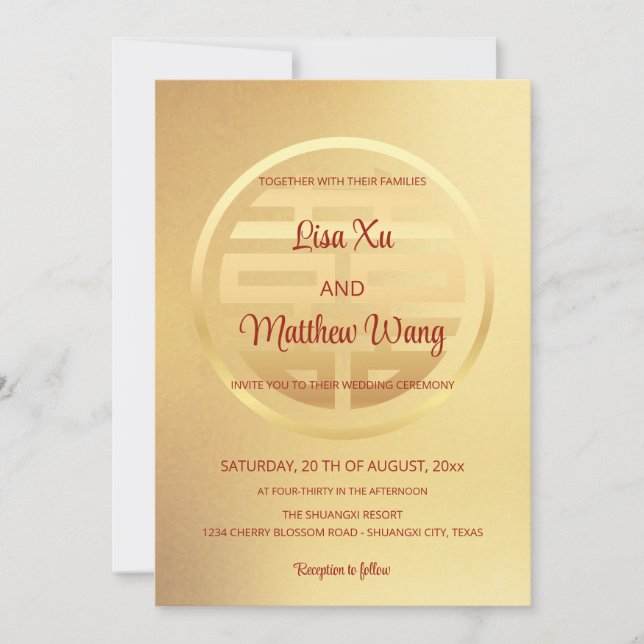 Invitation Or rouge bilingue | Mariage chinois (Devant)