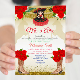 Invitation Or rouge Charro Mes 3 Ans 3ème Anniversaire Mexica