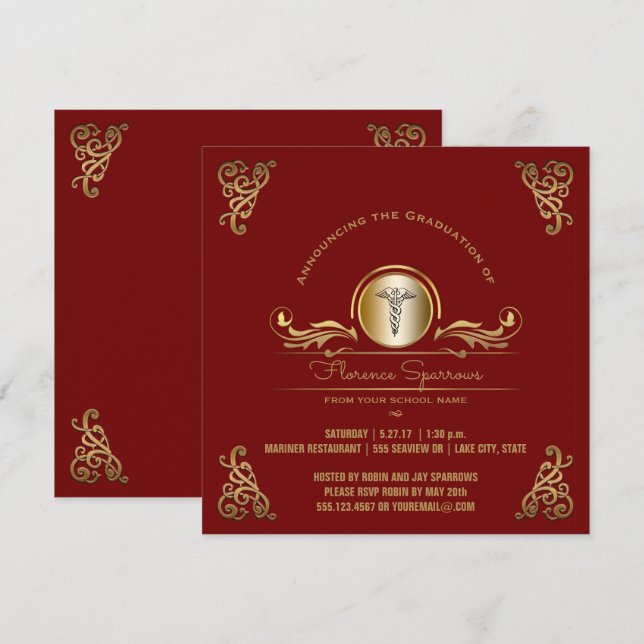 Invitation Or rouge de la fête de remise des diplômes | (Devant / Derrière)
