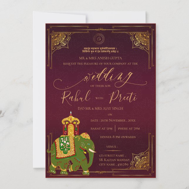 Invitation Or rouge vif avec Lord Ganesh Mariage indien (Devant)