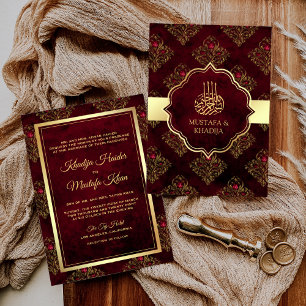 Invitation Or Rustique Rouge Marron Damassé Mariage Musulman