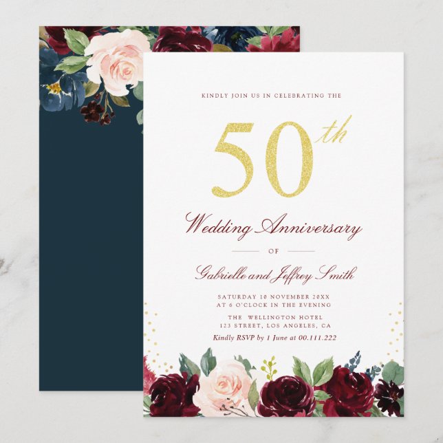 Invitation or script burgundy marine 50e anniversaire mariage (Devant / Derrière)