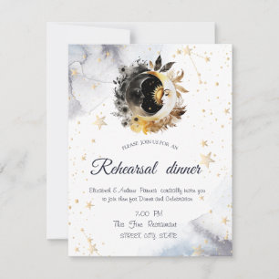 Invitation Or Soleil Céleste Fleurs de Lune et d'Étoiles