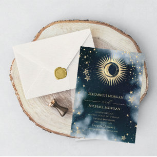 Invitation Or Soleil Céleste Lune,Étoiles Mariage Ciel 