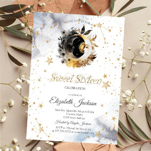 Invitation Or Soleil Céleste, Lune, Fleurs et Étoiles Douce 1
