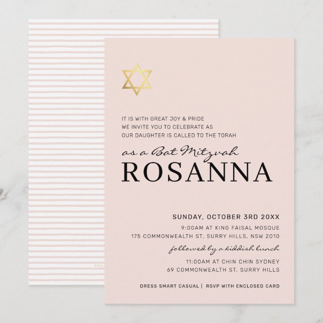 Invitation OR STAR Bat mitzvah moderne minimaliste rose pâle (Devant / Derrière)