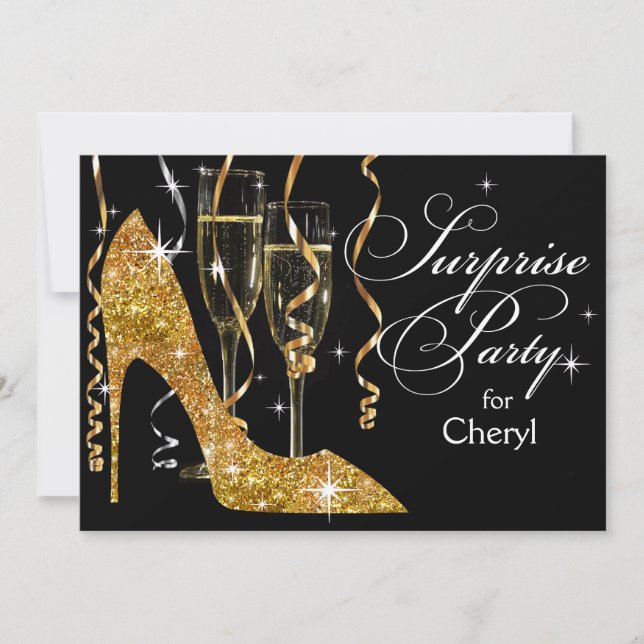 Invitation Or stylet d'anniversaire de surprise de Champagne (Devant)