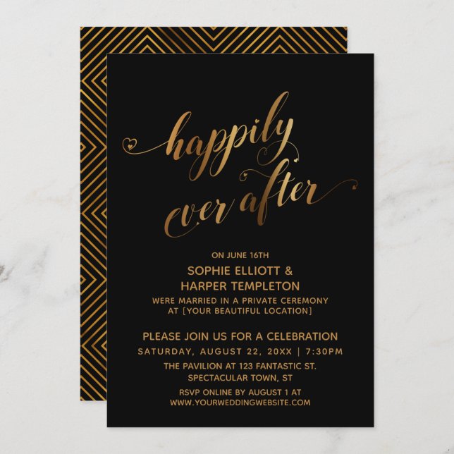 Invitation Or sur Noir Après Mariage Heureux à Jamais (Devant / Derrière)