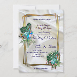 Invitation Or sur soie blanche avec splendeur tropicale