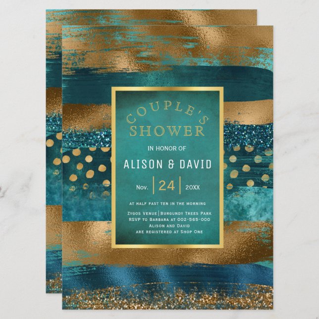 Invitation Or, turquoise brosse coups mariage douche couple (Devant / Derrière)