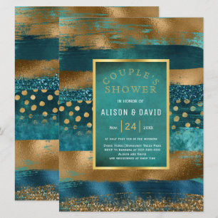 Invitation Or, turquoise brosse coups mariage douche couple