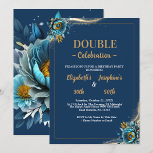 Invitation Or Turquoise floral double joint anniversaire
