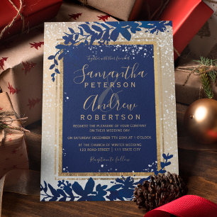 Invitation or typographie feuille neige bleu mariage d'hiver