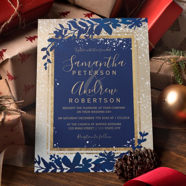 Invitation or typographie feuille neige bleu mariage d'hiver (Créateur téléchargé)
