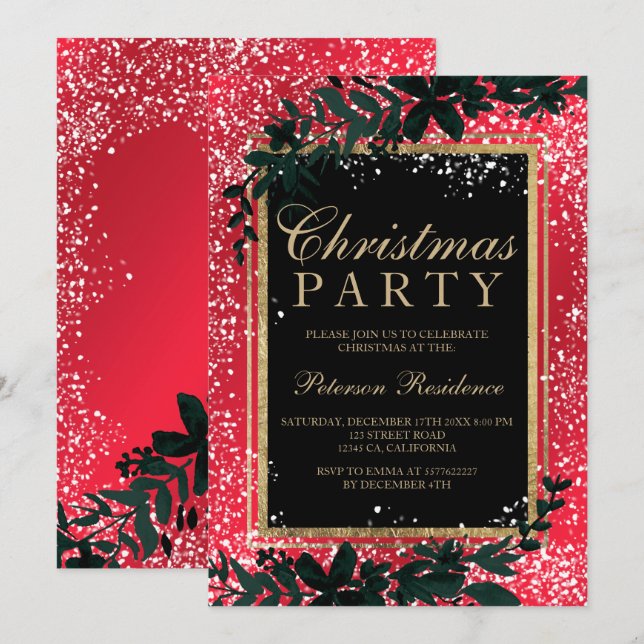 Invitation or typographie feuille neige élégant rouge Noël (Devant / Derrière)