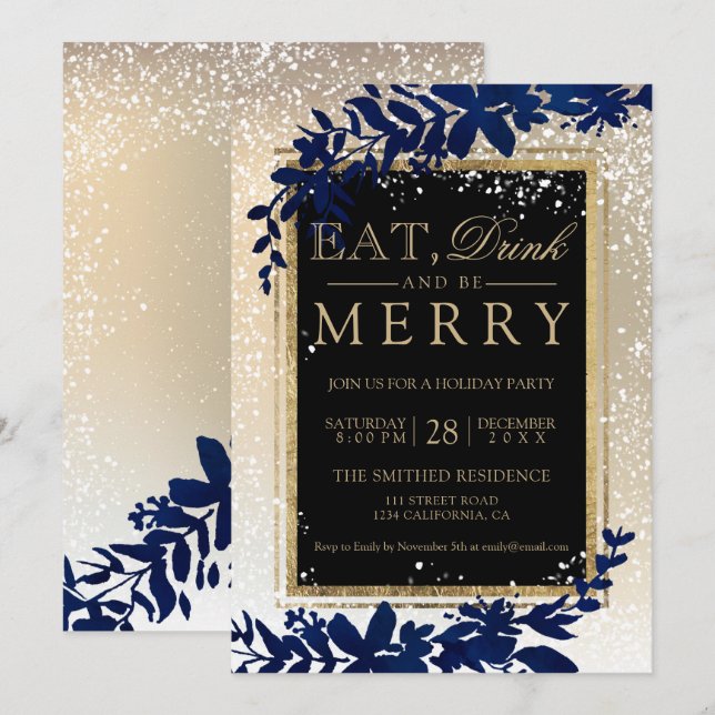 Invitation or typographie feuille neige marine manger Noël (Devant / Derrière)