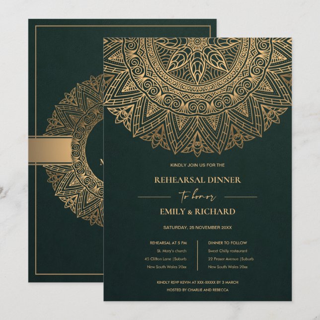 INVITATION OR VERT CLASSIQUE ORNATE MANDALA REHEARSAL DÎNER (Devant / Derrière)