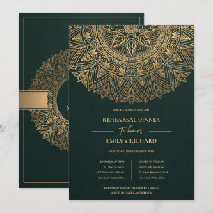 INVITATION OR VERT CLASSIQUE ORNATE MANDALA REHEARSAL DÎNER
