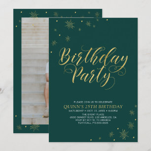 Invitation Or & Vert   Fête d'anniversaire Moderne et Chic po
