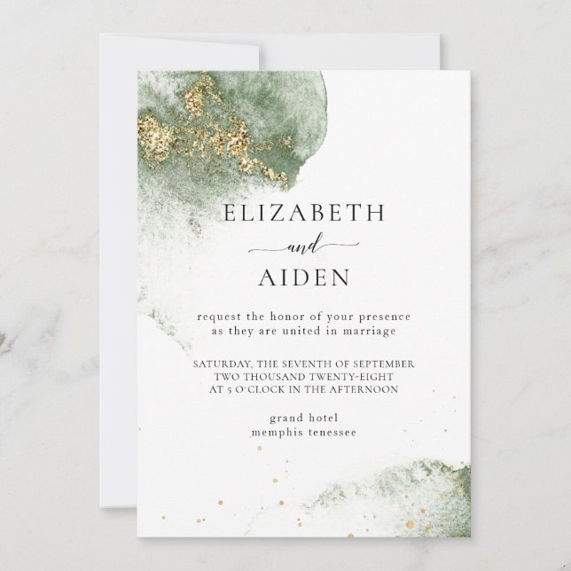 Invitation Or vert moderne Watercolour Kleckse (Devant)