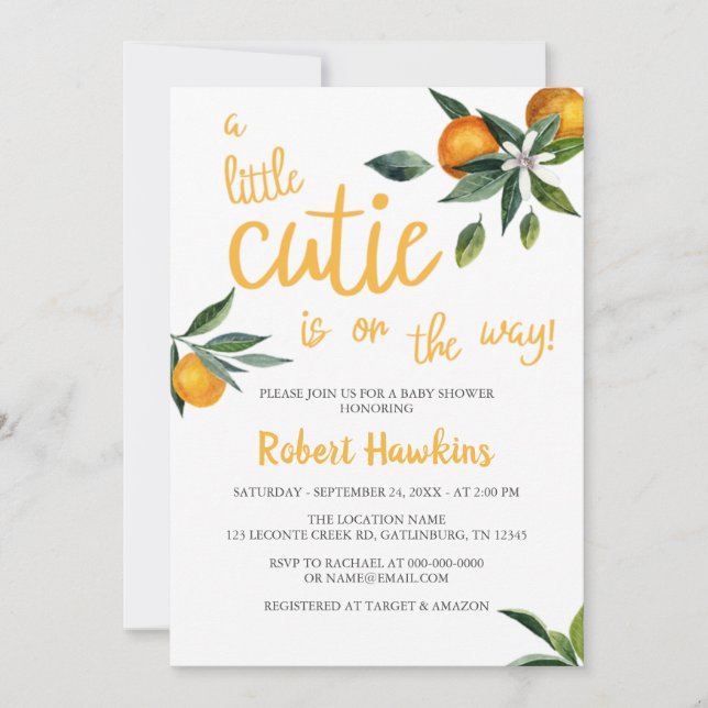 Invitation Orange À Thème Un Petit Baby shower De Cutie (Devant)