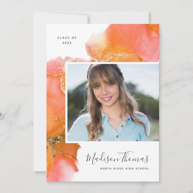 Invitation Orange Abstrait Watercolor Photo Graduation Party (Devant)