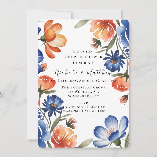Invitation Orange and Cobalt Blue Floral Couples Shower (Devant)