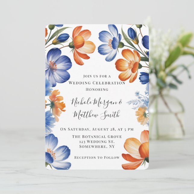 Invitation Orange and Cobalt Blue Floral Wedding Celebration (Debout devant)