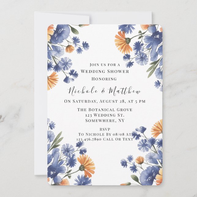 Invitation Orange and Cobalt Blue Floral Wedding Shower (Devant)