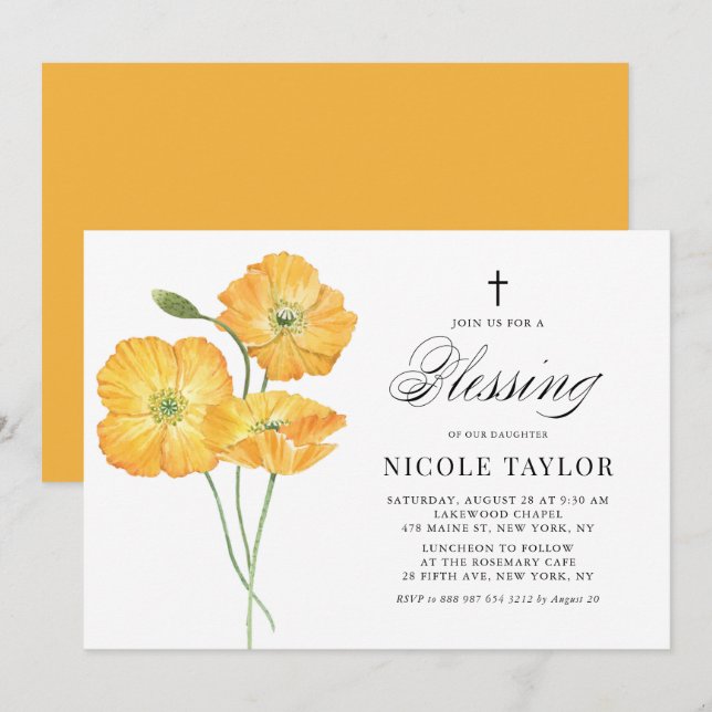 Invitation Orange Aquarelle Poppies Floral Baby Blessing (Devant / Derrière)