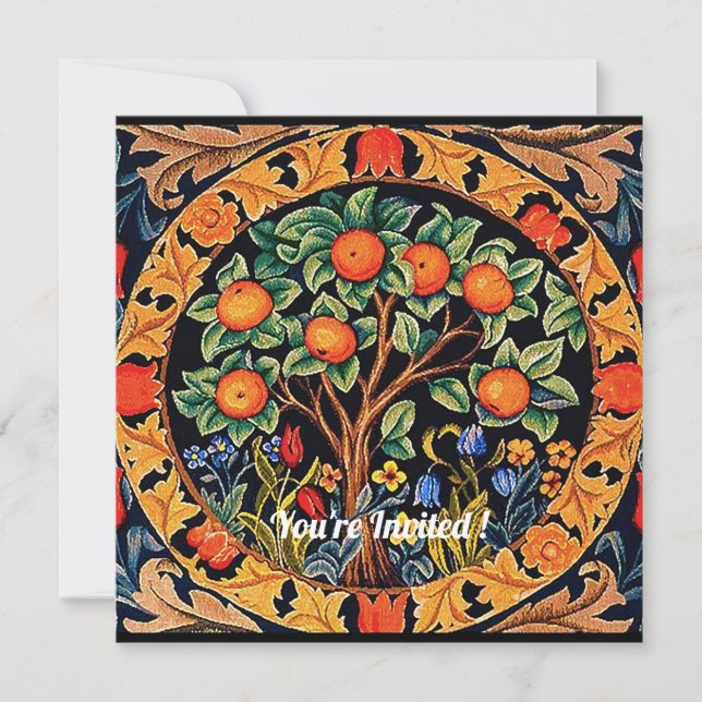 INVITATION ORANGE ARBRE AVEC FEUILLES VERTS, FLEURS (Devant)