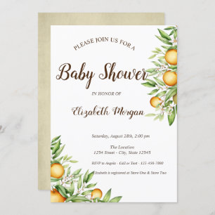 Invitation Orange, Baby shower Citrus Feuille