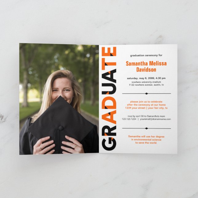 Invitation Orange Big Bold Angle-Cut Lettres Graduation (Intérieur)