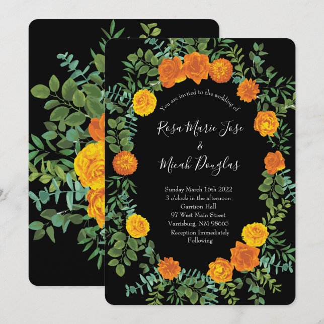Invitation Orange Black Peony Rose Floral Mariage (Devant / Derrière)