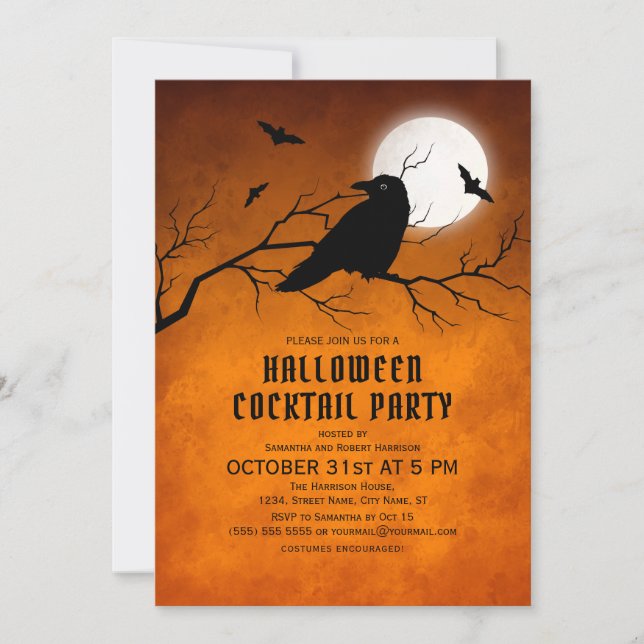 Invitation Orange Black Raven Bats Pleine lune Halloween (Devant)